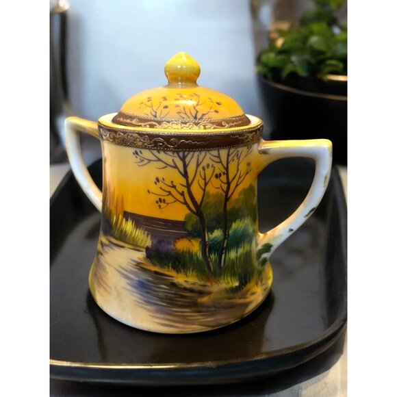 Vintage Japan Hand Painted Landscape Scene Superfine China Covered Sugar and Cre - Picture 10 of 12